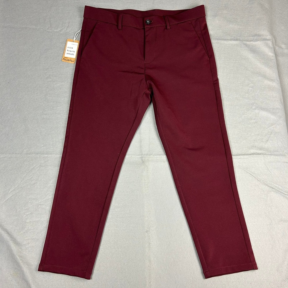 Plaid&Plain Dress Pants Skinny Fit Mens 34x26 Burgundy 6101# - Picture 2 of 12